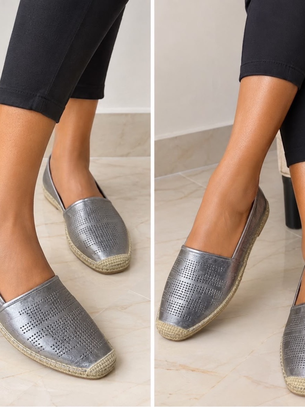Tory Burch Silver Perforated Espadrille Flats